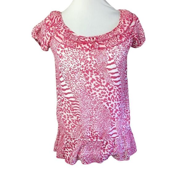 Tempted Blouse Pink White Animal Print Ruffled Layered Scoop Neck Large Girls - Picture 1 of 12